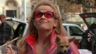 Reese Witherspoon looks up while decked out in pink and holding a chihuahua in Legally Blonde.