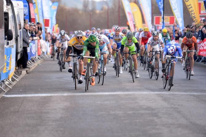 Bryan Coquard (Europcar) and Nacer Bouhanni (FDJ) eye each other at the finish line