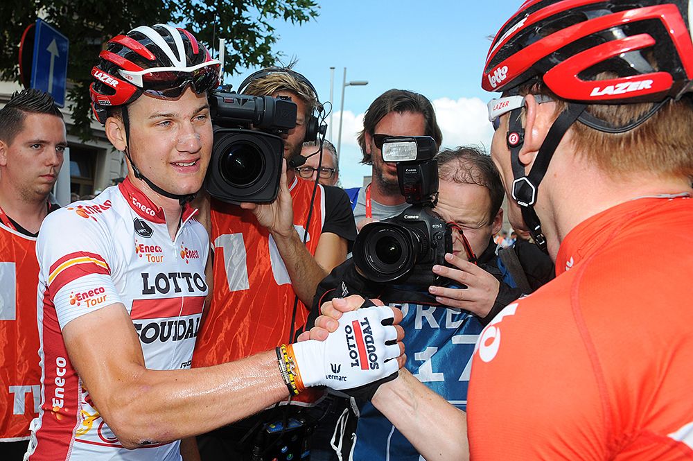 Tim Wellens (Lotto Soudal) surrounded by press