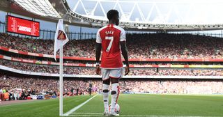 Arsenal star Bukayo Saka during the Premier League match between Arsenal FC and Fulham FC at Emirates Stadium on August 26, 2023 in London, England.
