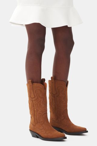 Brown Suede Mid Shaft Embroidered Western Boots