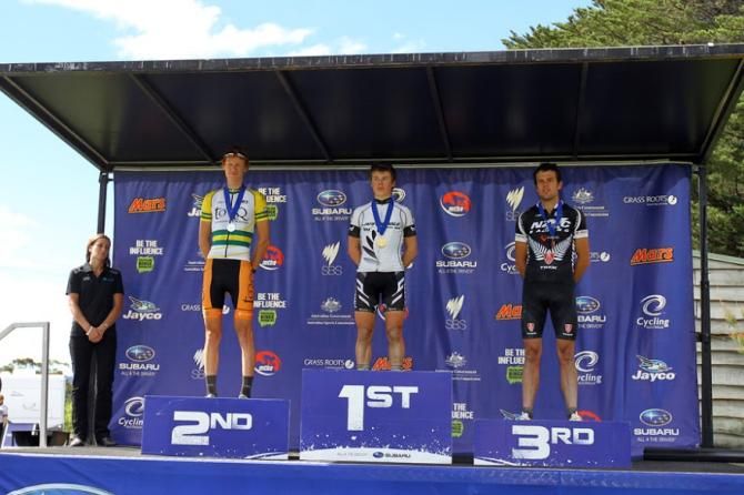 U23 men's podium: Jack Haig (Aus), Anton Cooper (NZl), Dirk Peters (NZl)
