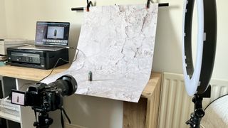 Home tethering setup with the camera connected to a laptop