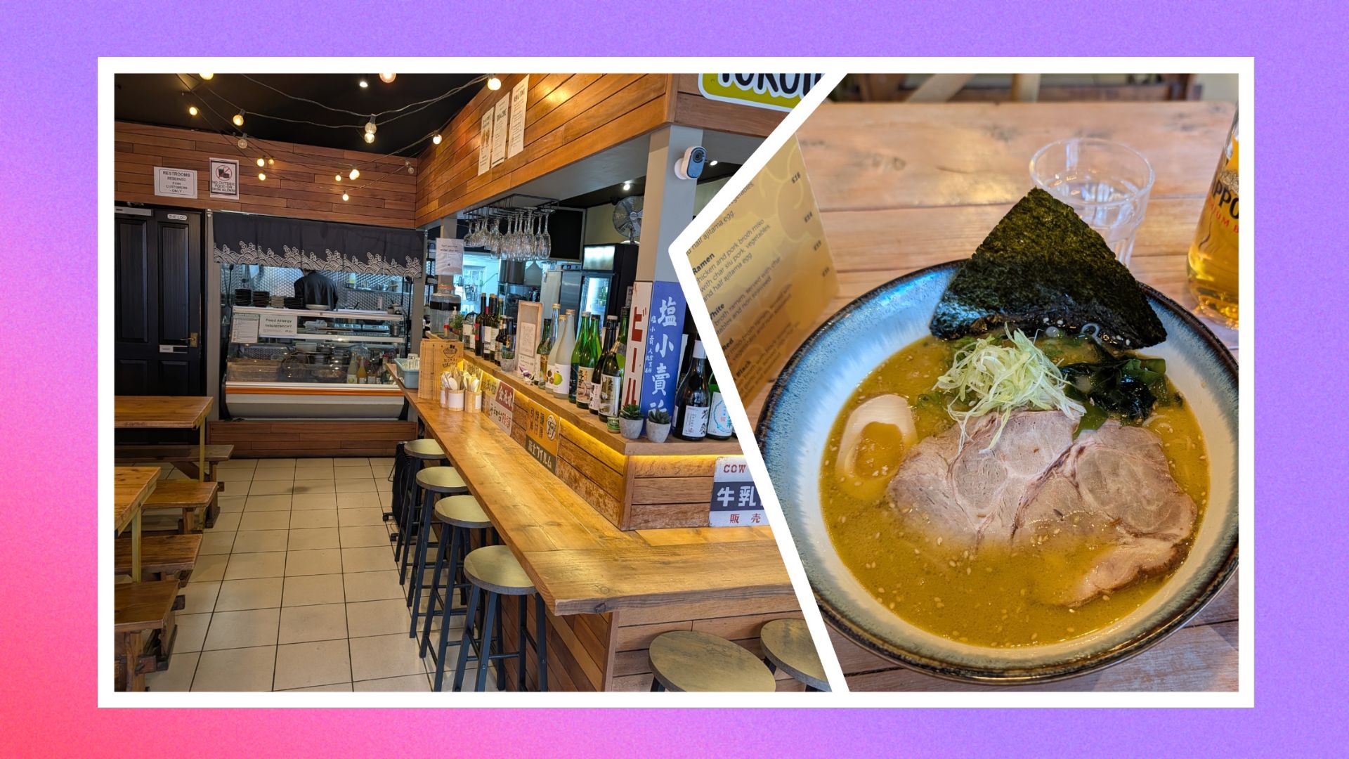 Tokoton Rame place in London, on the left the interior and on the right the food 