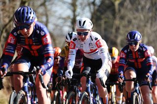 TIELTWINGE BELGIUM MARCH 02 Pfeiffer Georgi of Great Britain and Team Picnic PostNL competes passing through the Kerkstraat cobblestones sector during the 17th Fenix Omloop van het Hageland 2025 a 1356km one day race from Aarschot to TieltWinge on March 02 2025 in TieltWinge Belgium Photo by Rhode Van ElsenGetty Images