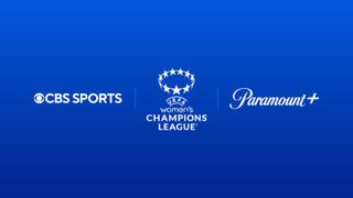 CBS Sports and Women's Champions League logos on blue with the Paramount+ logo
