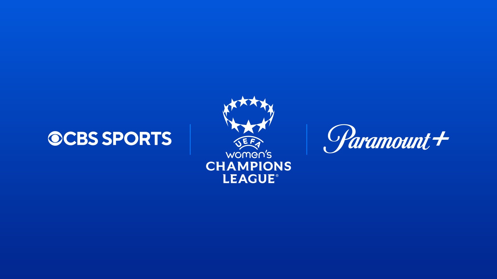 CBS Sports and Women&#039;s Champions League logos on blue with the Paramount+ logo