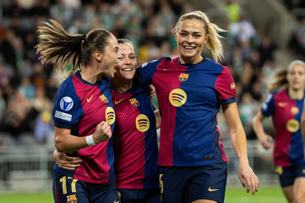 Ewa Pajor of FC Barcelona celebrates with Clàudia Pina and Fridolina Rolfo after scoring 0-1 during the UEFA Women&#039;s Champions League match between Hammarby IF and FC Barcelona at Tele2 Arena on December 12, 2024 in Stockholm, Sweden.