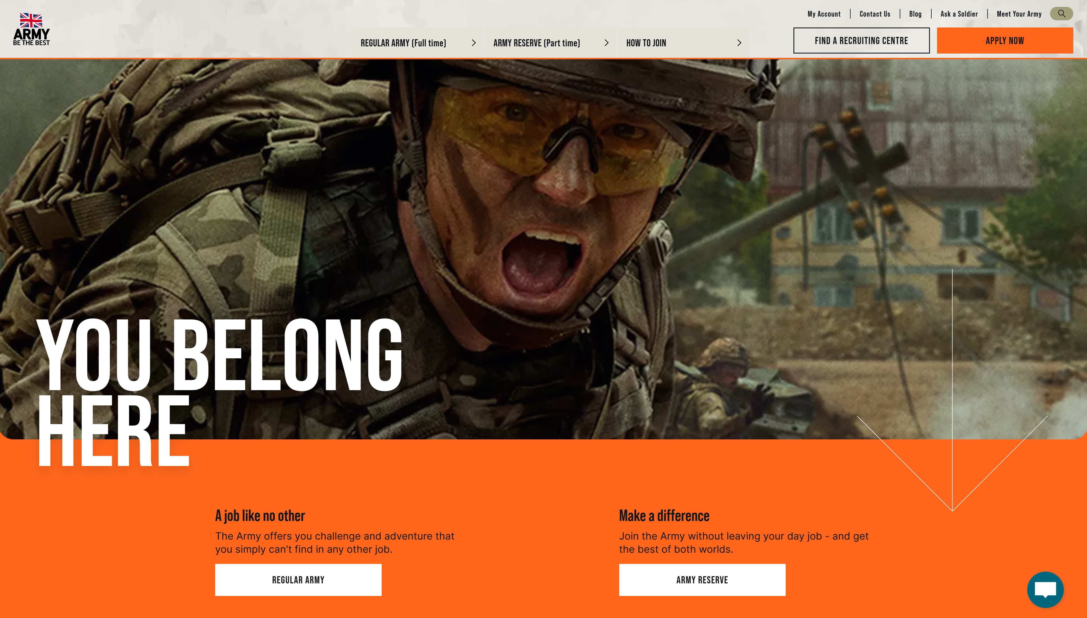 Encabezado del sitio web de empleo y reclutamiento del ejército británico: imagen de un soldado y las palabras 
