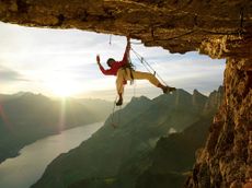 Technical rock climbing in the Alps. Location, Chaeserugg, Dachroute 6+ Ae, Churfirsten, St. Gallen, Switzerland.