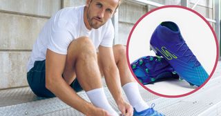 Harry Kane lacing up his new Skecher football boots