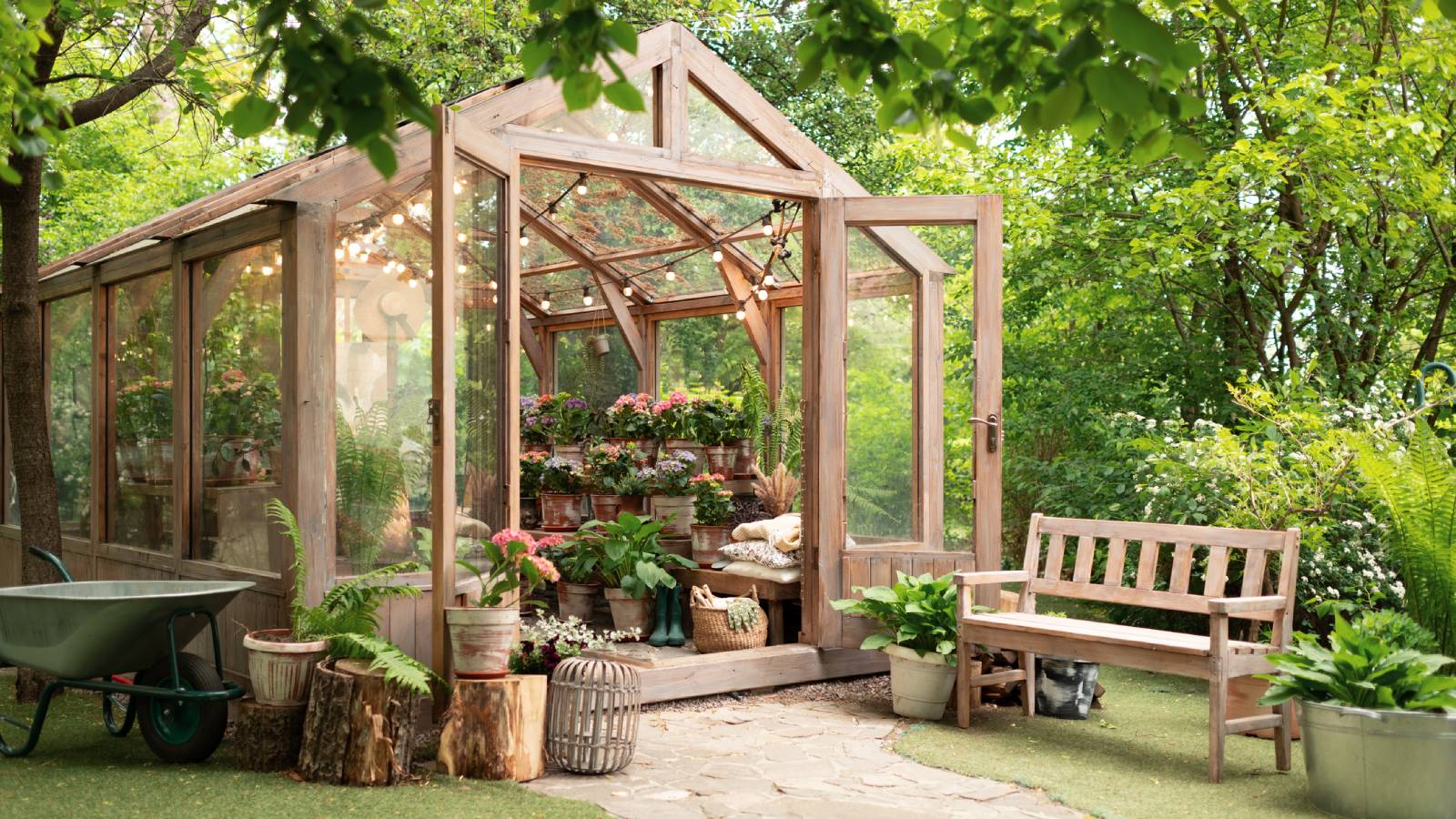 A beautiful wood greenhouse with open doors