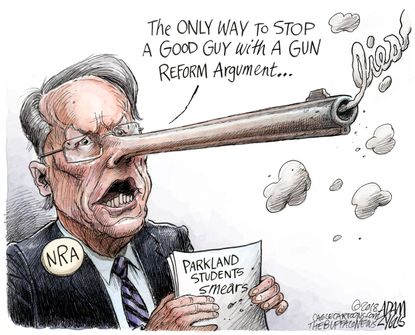 Political cartoon U.S. NRA Parkland students good guy with a gun assault rifle gun control