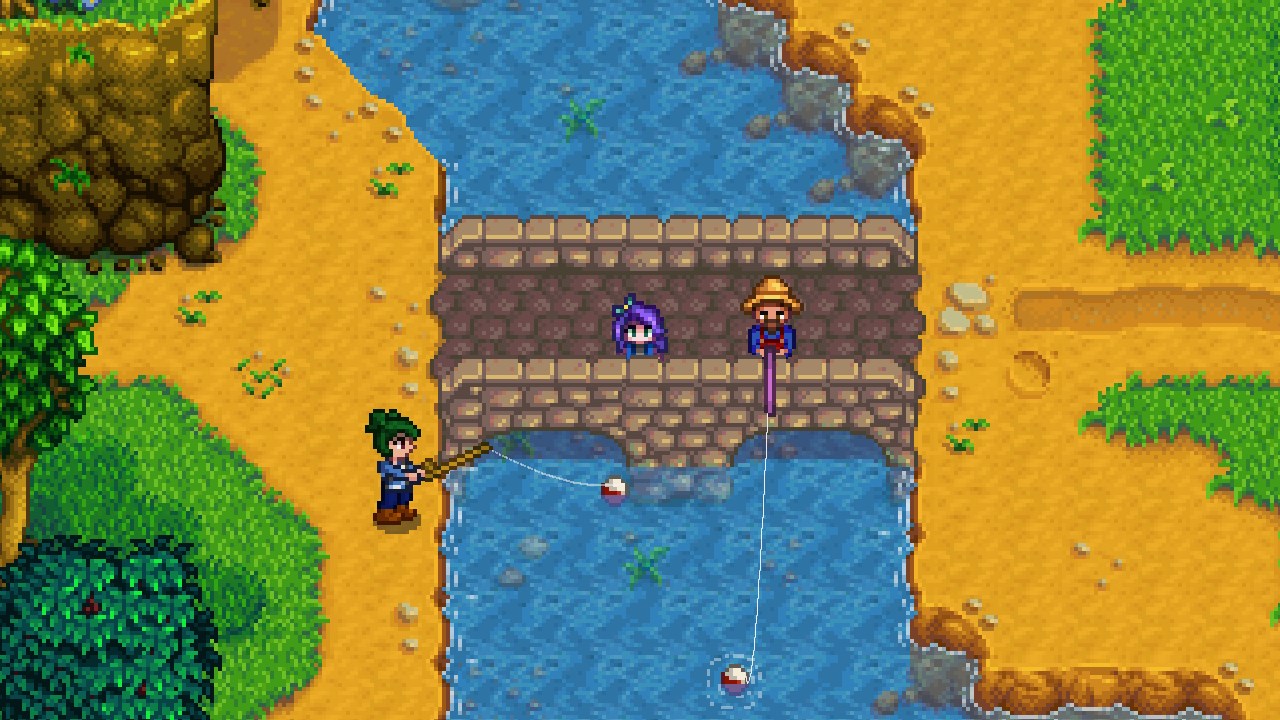 Stardew Valley - Two players fish together on a bridge