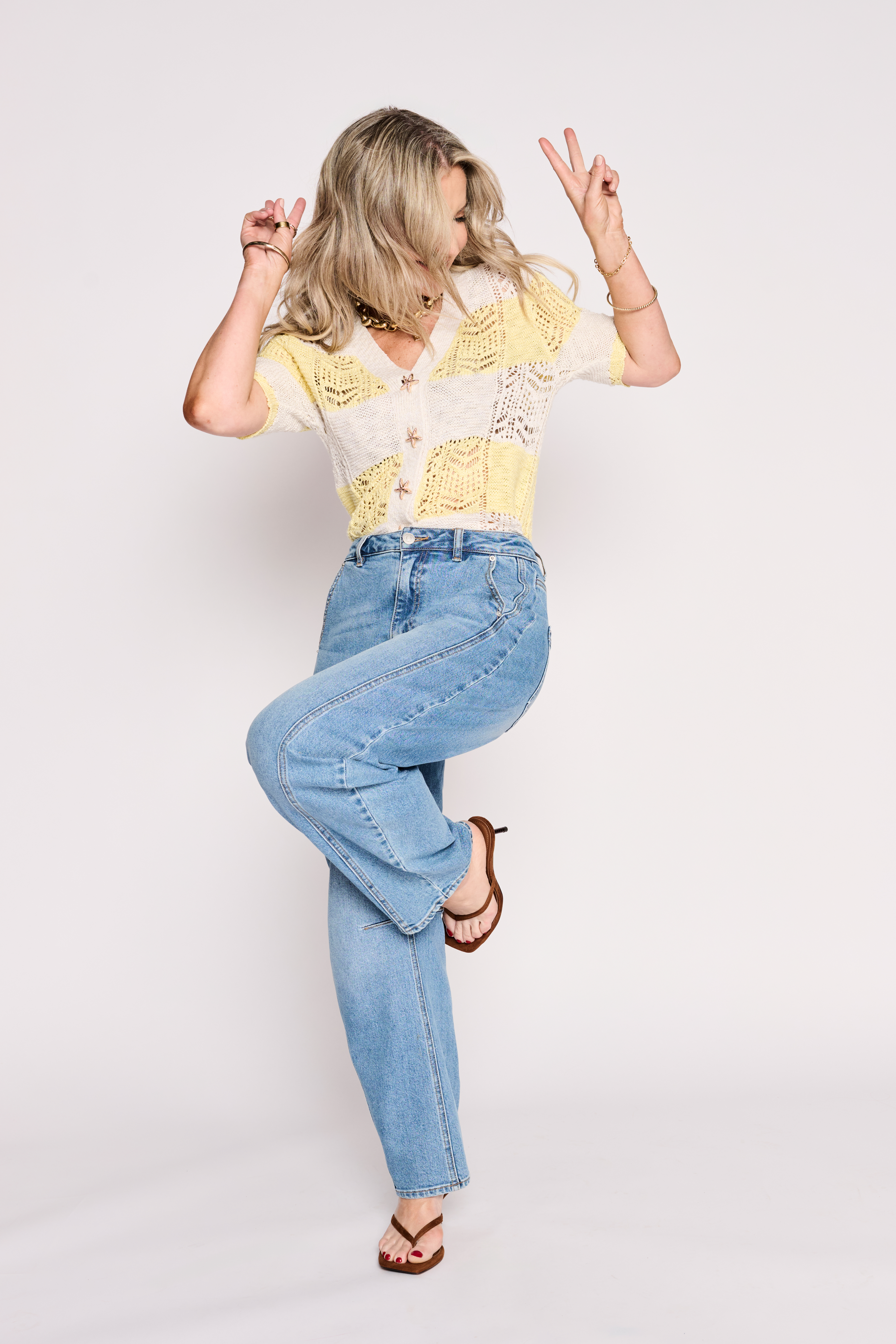 Helen Skelton in jeans and crochet cardigan