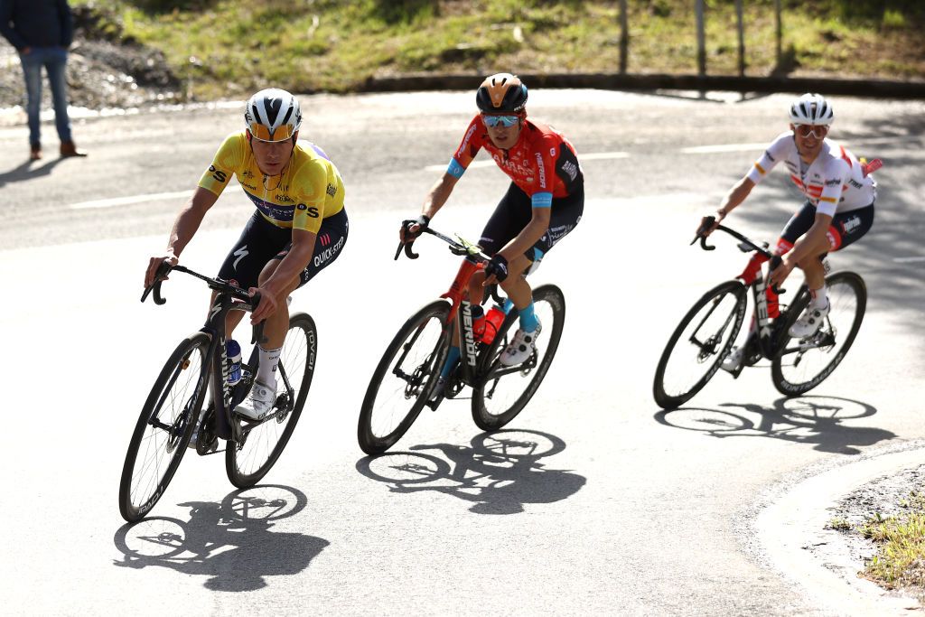 ARRATE SPAIN APRIL 09 LR Remco Evenepoel of Belgium and Team QuickStep Alpha Vinyl Yellow Leader Jersey Gino Mder of Switzerland and Team Bahrain Victorious and Juan Pedro Lpez of Spain and Team Trek Segafredo compete in the breakaway during the 61st Itzulia Basque Country 2022 Stage 6 a 1357km stage from Eibar to Arrate itzulia WorldTour on April 09 2022 in Arrate Spain Photo by Gonzalo Arroyo MorenoGetty Images