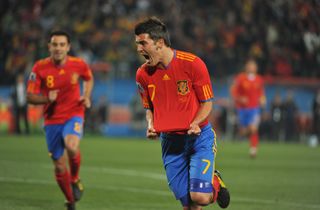 David Villa celebrates after scoring for Spain against Honduras at the 2010 World Cup.