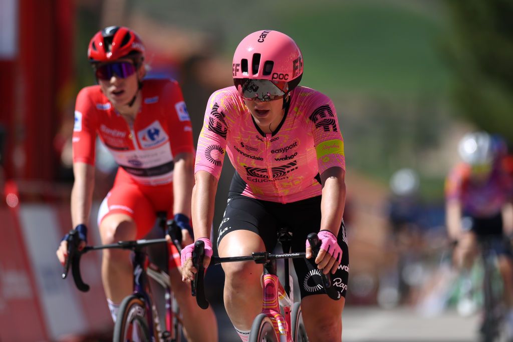 SIGUENZA SPAIN MAY 04 Kristen Faulkner of The United States and Team EF EducationCannondale crosses the finish line as second place winner during the 10th La Vuelta Femenina 2024 Stage 7 a 1386km stage from San Esteban de Gormaz to Siguenza 1030m UCIWT on May 04 2024 in Siguenza Spain Photo by Alex BroadwayGetty Images