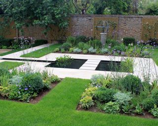 walled garden design with a semi formal pond, rill and repeated planting