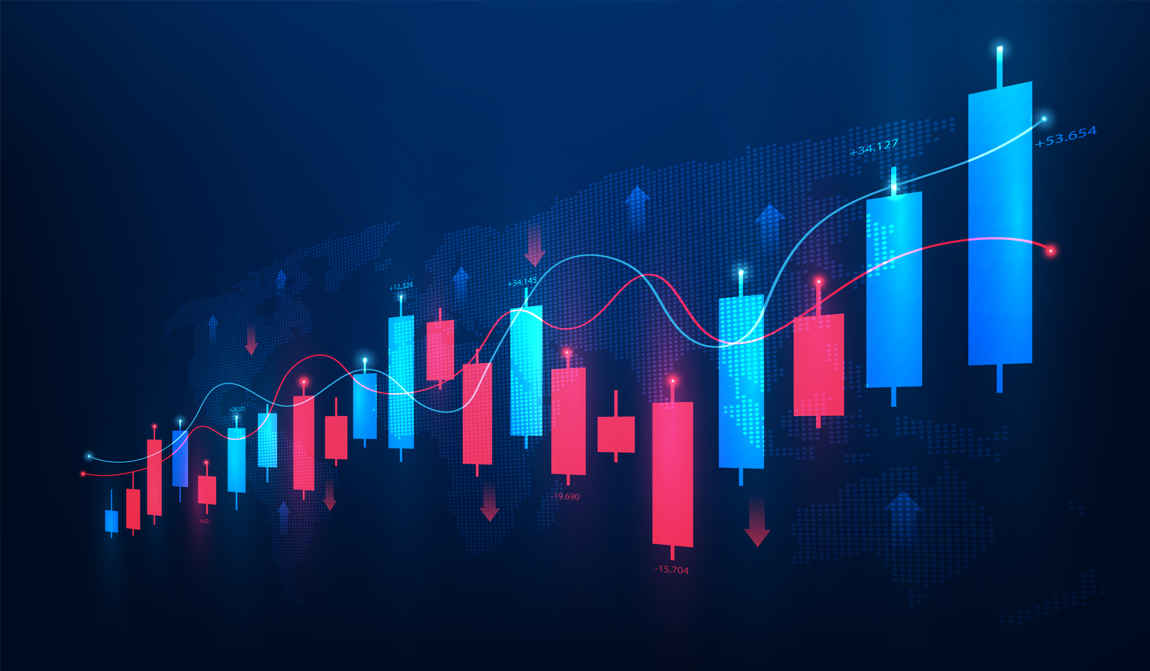 rising red blue candlesticks stocks up