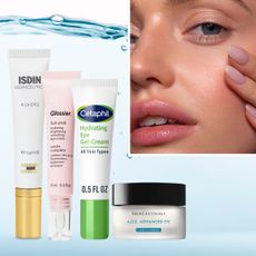 A model with hydrated under-eyes thanks to a hydrating eye cream on a watery background and next to products