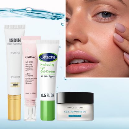 A model with hydrated under-eyes thanks to a hydrating eye cream on a watery background and next to products