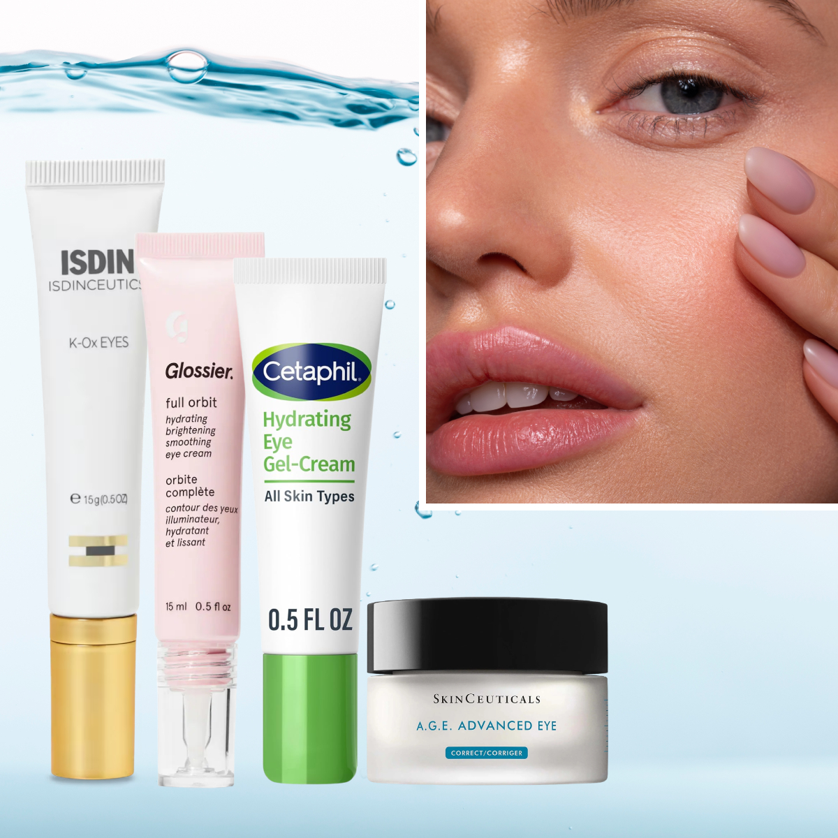 A model with hydrated under-eyes thanks to a hydrating eye cream on a watery background and next to products