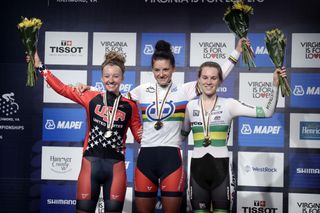 Emma White, Chloe Dygert and Anna-Leeza Hull on the podium for the 2015 Junior Womens TT World Championships