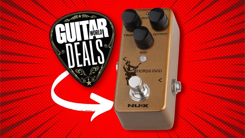 An NUX Horseman guitar pedal on a red background