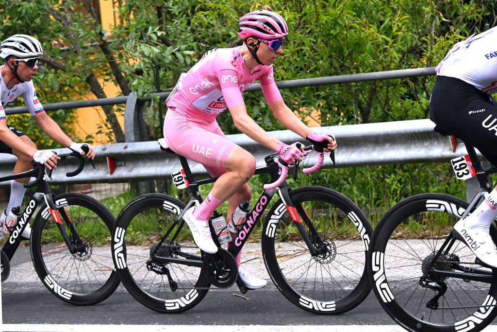 LUCCA ITALY MAY 08 Tadej Pogacar of Slovenia and UAE Team Emirates Pink Leader Jersey competes during the 107th Giro dItalia 2024 Stage 5 a 178km stage from Genova to Lucca UCIWT on May 08 2024 in Lucca Italy Photo by Dario BelingheriGetty Images