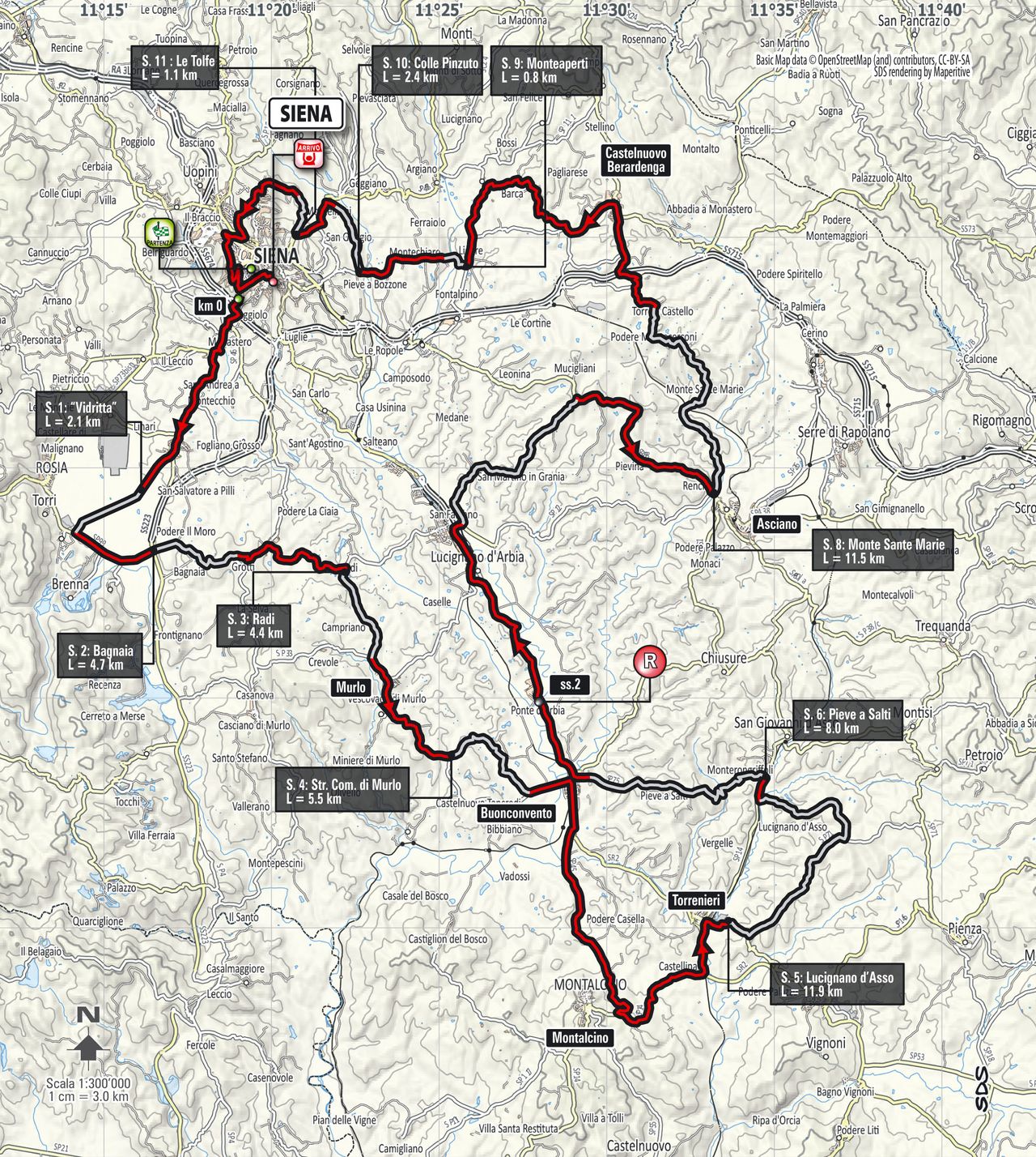 The route of the 2017 Strade Bianche.