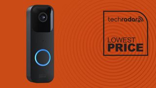 Blink Video Doorbell on orange background with lowest price TechRadar sign