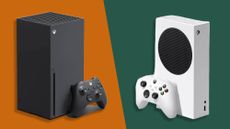 An Xbox Series X console on an orange background beside an Xbox Series X Digital Edition on a green background