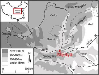 A map of the location of the Mijiaya archaeological site in the Shaanxi province of northern China.