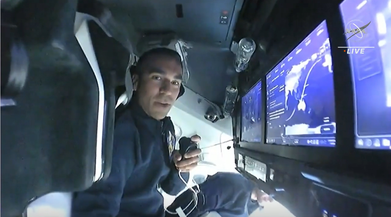 NASA astronaut Raja Chari, commander of SpaceX's Crew-3 mission, offers a glimpse at the controls of the Crew Dragon Endurance during a video tour on Nov. 11, 2021.