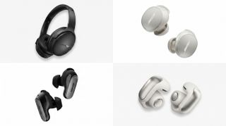 Four pairs of Bose headphones and earbuds arranged into four separate white boxes