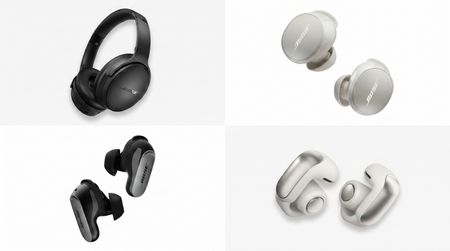 Four pairs of Bose headphones and earbuds arranged into four separate white boxes