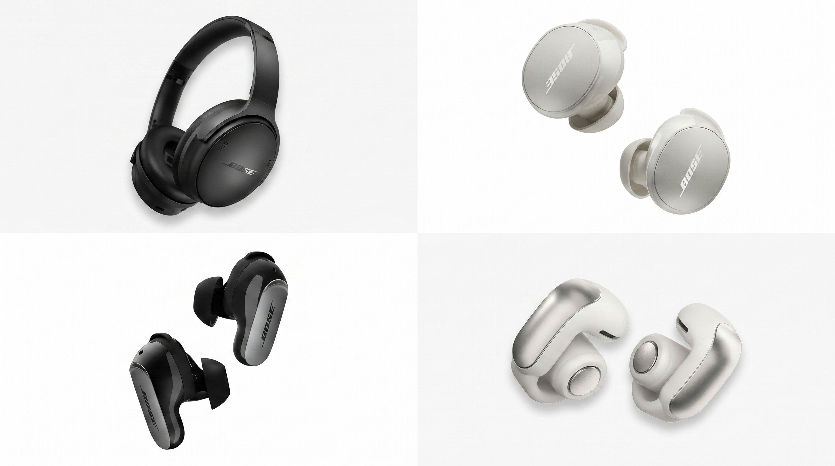 Four pairs of Bose headphones and earbuds arranged into four separate white boxes