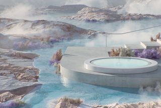 A round mini in ground pool with light blue water, installed in an Icelandic lagoon with purple flowers, rocks, blue water and steam