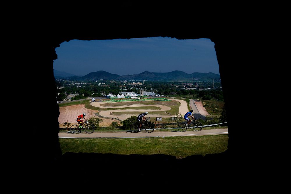 Athletes compete in the International Mountain Bike Challenge at the Deodoro Sports Complex
