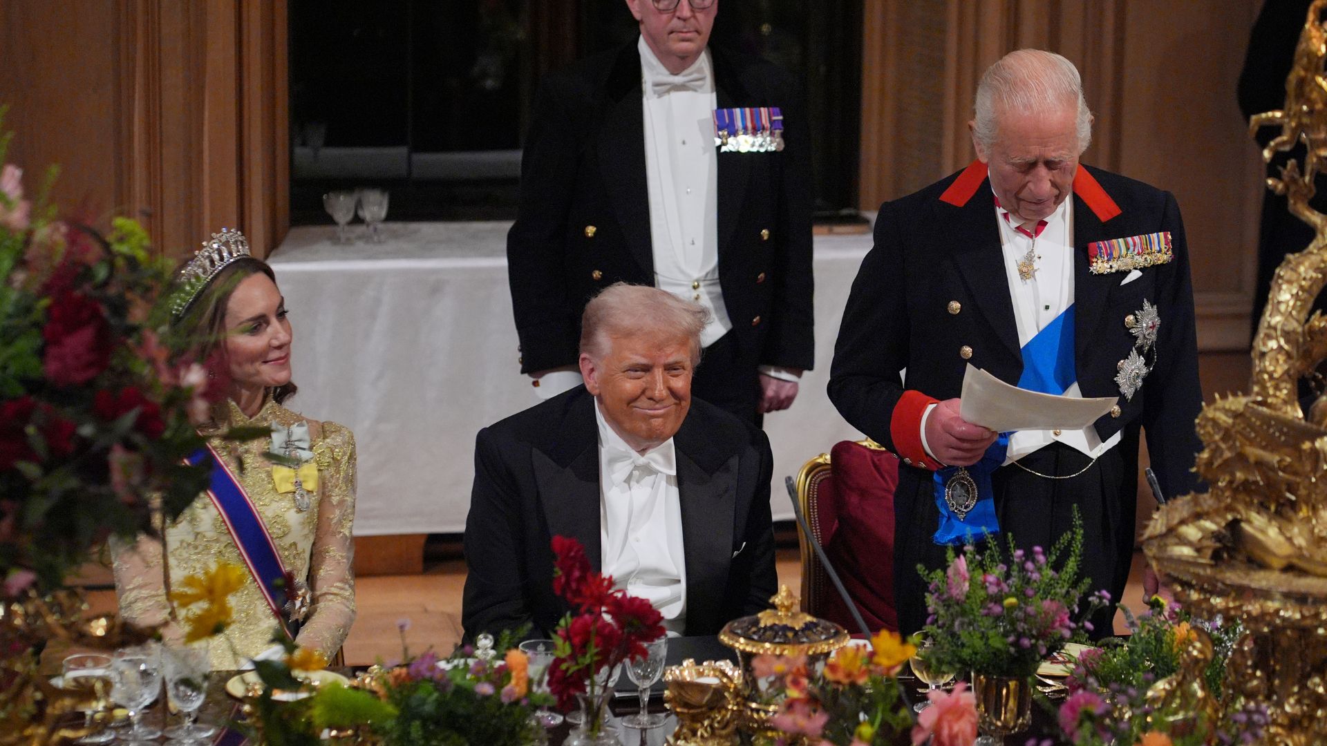 King Charles III delivers his speech as US President Donald Trump and Catherine, Princess of Wales listen during the State Banquet at Windsor Castle