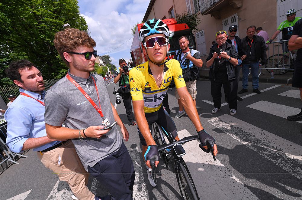 Michal Kwiatkowski (Team Sky) crashed while wearing the leader's jersey at the end of stage 2 of the Crit&eacute;rium du Dauphin&eacute;