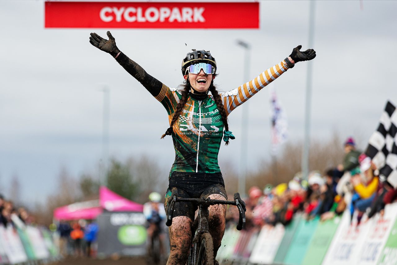 Xan Crees winning the cyclo-cross national championships