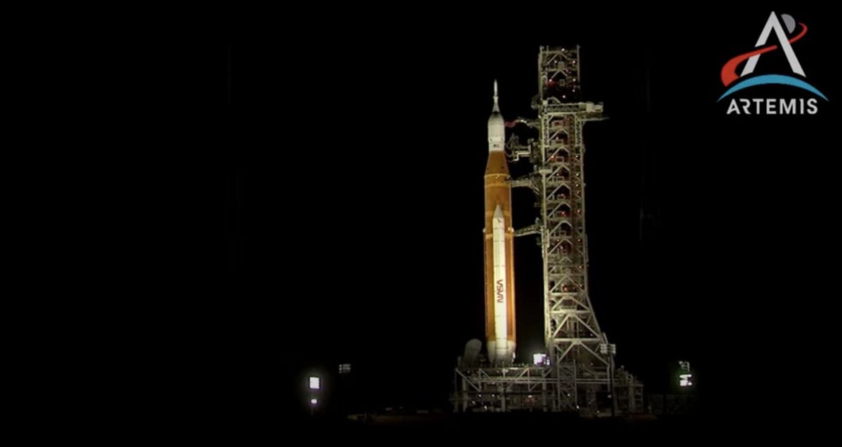 NASA&#039;s Artemis 1 moon rocket rolls off the Launch Pad 39B at Kennedy Space Center in Florida on Sept. 26, 2022, to take shelter from Hurricane Ian.