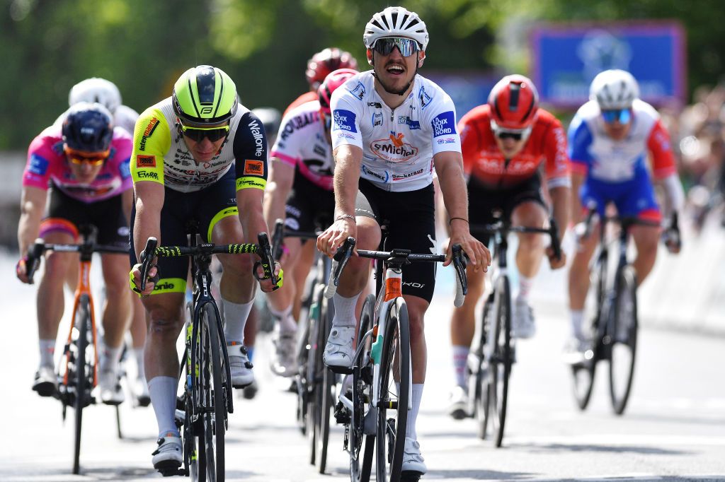 MAUBEUGE FRANCE MAY 04 Jason Tesson of France and Team St Michel Auber 93 White Best Young Rider Jersey celebrates at finish line as stage winner ahead of Gerben Thijssen of Belgium and Team Intermarch Wanty Gobert Matriaux L during the 66th 4 Jours De Dunkerque Grand Prix Des Hauts De France 2022 Stage 2 a 1815km stage from Bthune to Maubeuge 4JDD on May 04 2022 in Maubeuge France Photo by Luc ClaessenGetty Images