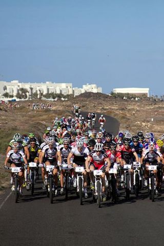 Racers roll out for the start of the Club La Santa mountain bike race.