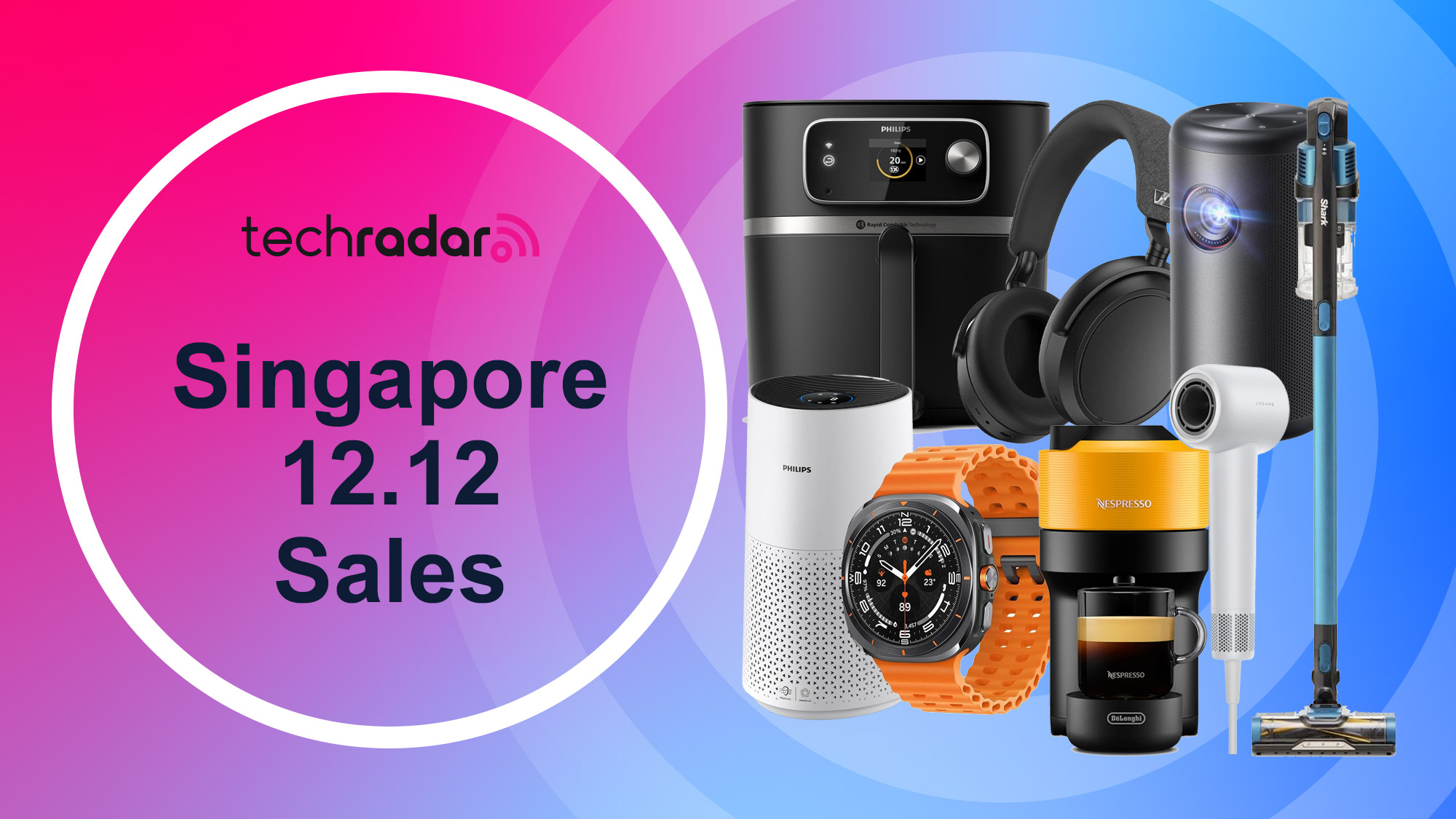 A collage of tech and appliances on a pink/blue background with "Singapore 12.12 Sales" text.