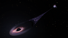 An illustration of a 'runaway black hole' zooming away from its galaxy, with a trail of stars following behind it.