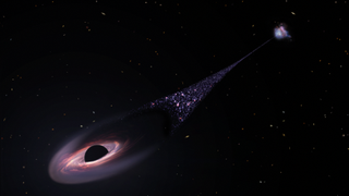 An illustration of a &#039;runaway black hole&#039; zooming away from its galaxy, with a trail of stars following behind it.