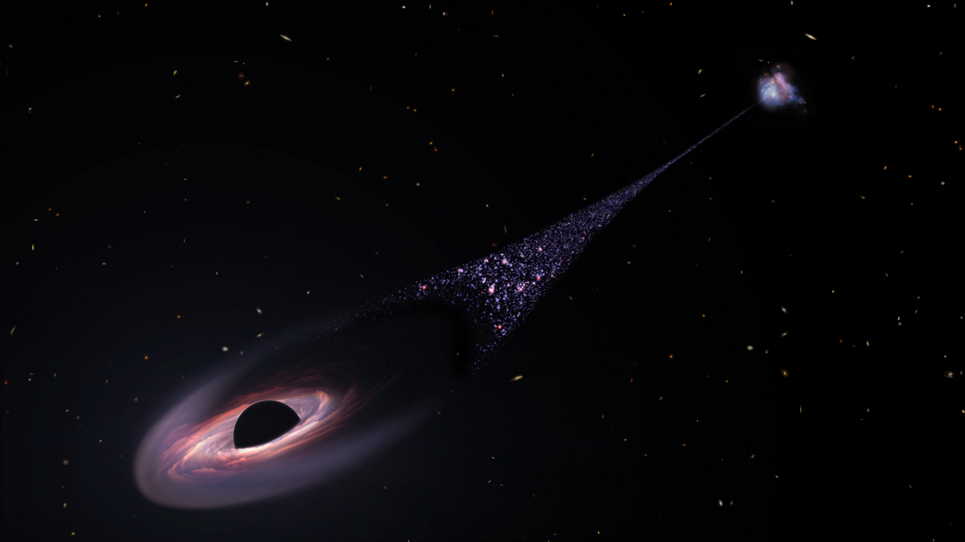 An illustration of a black hole zooming away from its galaxy, with a trail of stars following behind it.
